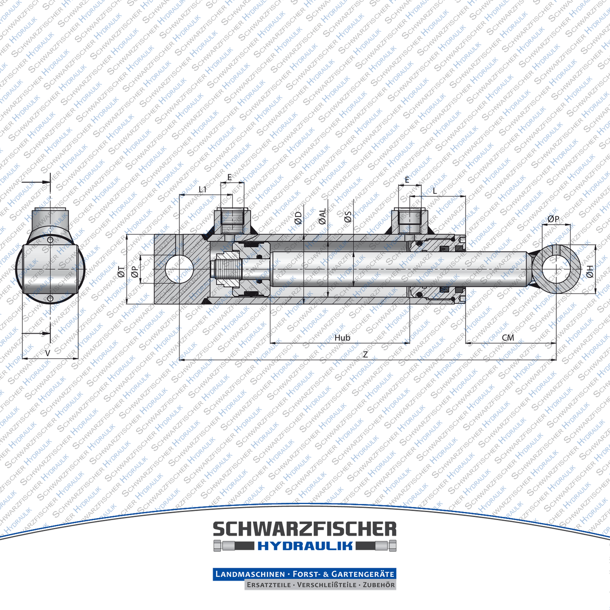 Hydraulikzylinder doppelwirkend mit Befestigung und Buchse von Schwarzfischer Hydraulik