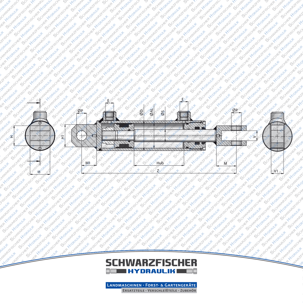 Hydraulikzylinder doppelwirkend mit Festauge und Gabel | Stange Ø 25mm von Schwarzfischer Hydraulik