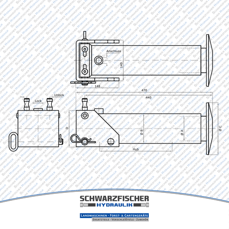 Hydraulikscher Stützfußzylinder mit Schnellverschluss von Schwarzfischer Hydraulik