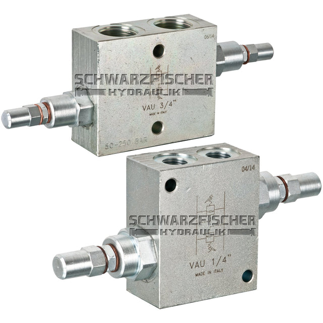 Schockventil doppelwirkend VAU 1/4“ 3/8“ 1/2“ 3/4" verschiedene Einstellbereiche von Schwarzfischer Hydraulik