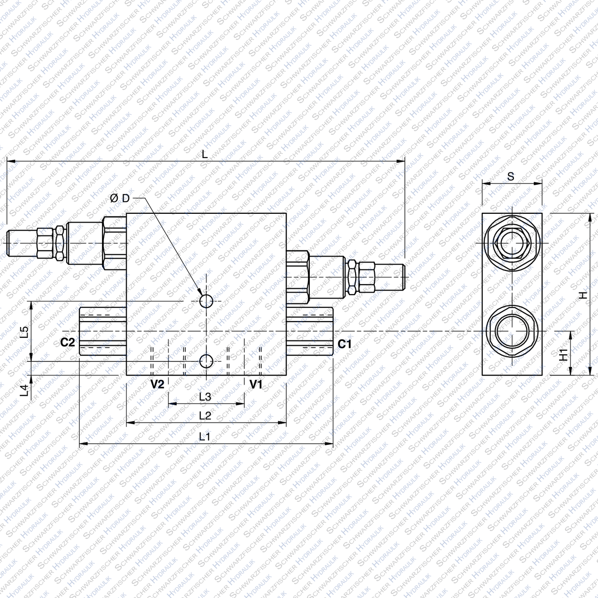 Druckbegrenzungsventil + doppelwirkend entsperrbares Rückschlagventil VBLP von Schwarzfischer Hydraulik